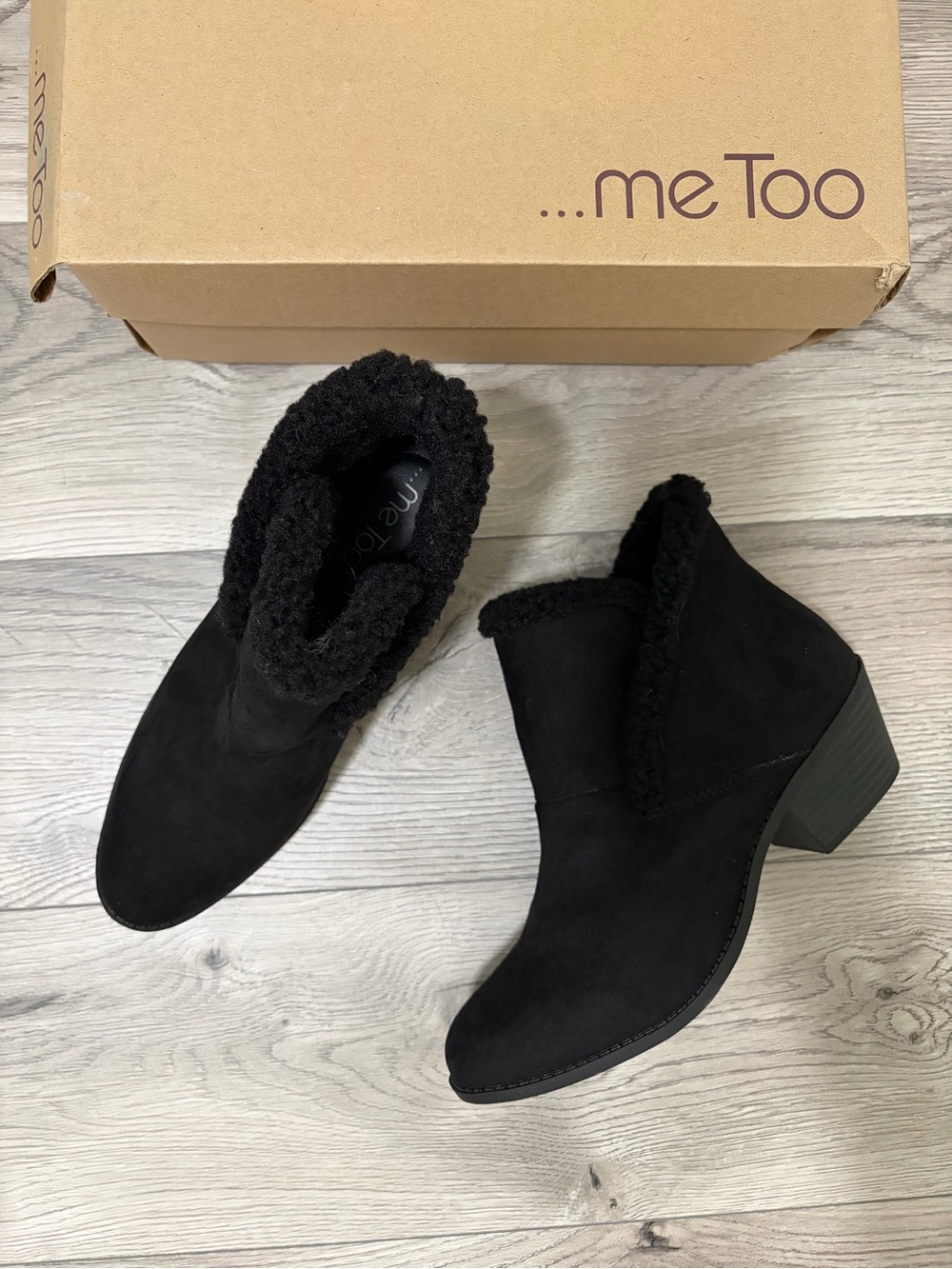 me too Black Suede-Look Ankle Boots with Faux Shearling Trim